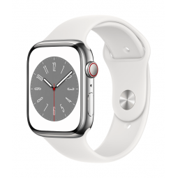 Apple Watch Series 8 GPS + Cellular, 45mm Silver Stainless Steel Case with White Sport Band - Regular kaina