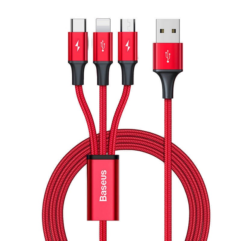Baseus Rapid Series 3-in-1 3.5A 1.2m USB-C to Lightning, USB-C, microUSB - kombinuotas kabelis, raudonas kaina Baseus Rapid Series 3-in-1 3.5A 1.2m USB-C to Lightning, USB-C, microUSB - kombinuotas kabelis, raudonas kaina