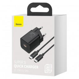 Baseus Super Si Quick Charger 1C 25W with USB-C to USB-C 1m cable, Black - buitinis įkroviklis www.etopas.lt