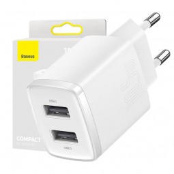 Baseus Compact Charger 10.5W, 2x USB, White - buitinis įkroviklis, baltas kaina