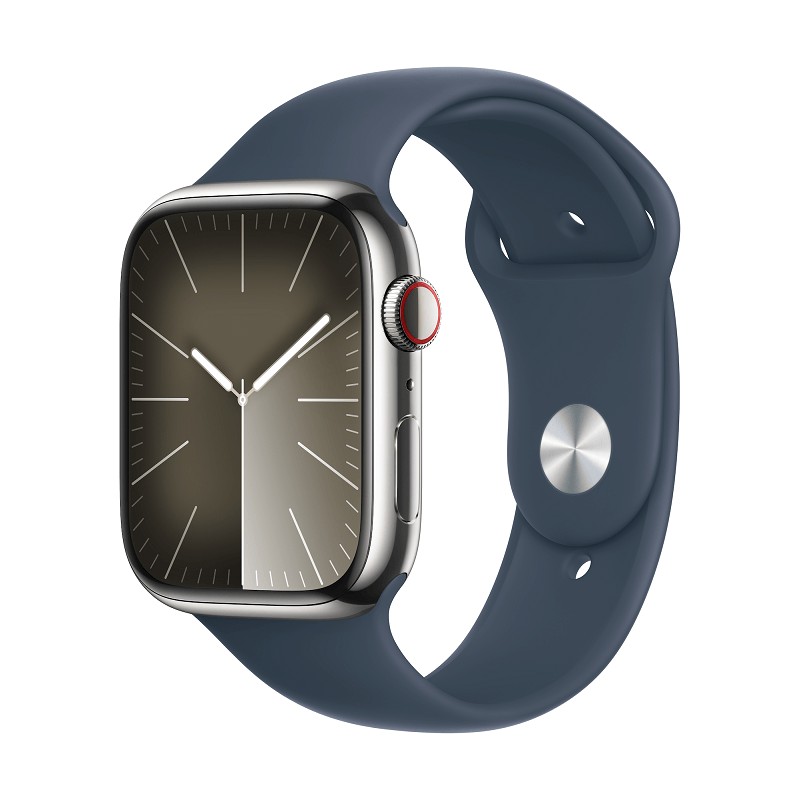 Apple Watch Series 9 GPS + Cellular 45mm Silver Stainless Steel Case with Storm Blue Sport Band - M/L kaina Apple Watch Series 9 GPS + Cellular 45mm Silver Stainless Steel Case with Storm Blue Sport Band - M/L kaina
