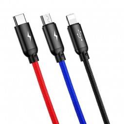 Baseus Three Primary Colors 3-in-1 Cable, Type C, Lightning, Micro USB, 3A, 1.2M, Black - kombinuotas kabelis, juodas internetu