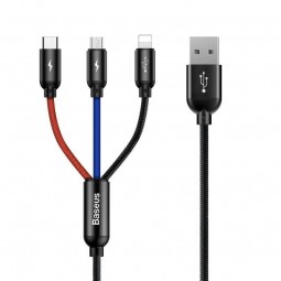 Baseus Three Primary Colors 3-in-1 Cable, Type C, Lightning, Micro USB, 3A, 1.2M, Black - kombinuotas kabelis, juodas kaina