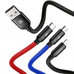 Baseus Three Primary Colors 3-in-1 Cable, Type C, Lightning, Micro USB, 3A, 1.2M, Black - kombinuotas kabelis, juodas pigiau