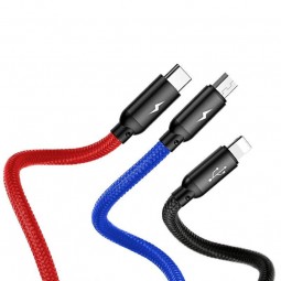 Baseus Three Primary Colors 3-in-1 Cable, Type C, Lightning, Micro USB, 3A, 1.2M, Black - kombinuotas kabelis, juodas garantija