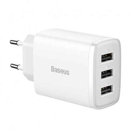 Baseus Compact Charger 17W, 3x USB, White - buitinis įkroviklis, baltas kaina