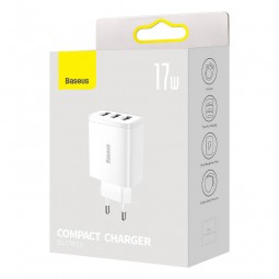 Baseus Compact Charger 17W, 3x USB, White - buitinis įkroviklis, baltas garantija