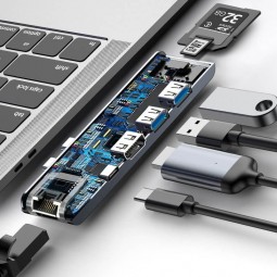 Baseus Hub Thunderbolt C + Pro Adapter 7-in-1 for MacBook, Gray - jungčių stotelė pigiai