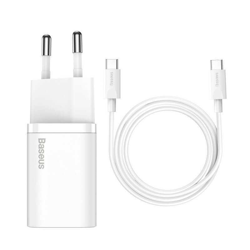 Baseus Super Si Quick Charger 1C 25W USB-C with USB-C to USB-C 1m cable, White - buitinis įkroviklis kaina
