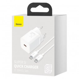 Baseus Super Si Quick Charger 1C 25W USB-C with USB-C to USB-C 1m cable, White - buitinis įkroviklis epirkimas.lt