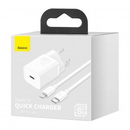 Baseus Super Si Quick Charger 1C 20W with USB-C to Lightning 1m cable, White - buitinis įkroviklis etopas.lt