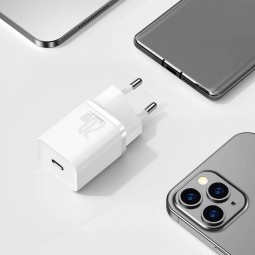 Baseus Super Si Quick Charger 1C 20W with USB-C to Lightning 1m cable, White - buitinis įkroviklis garantija