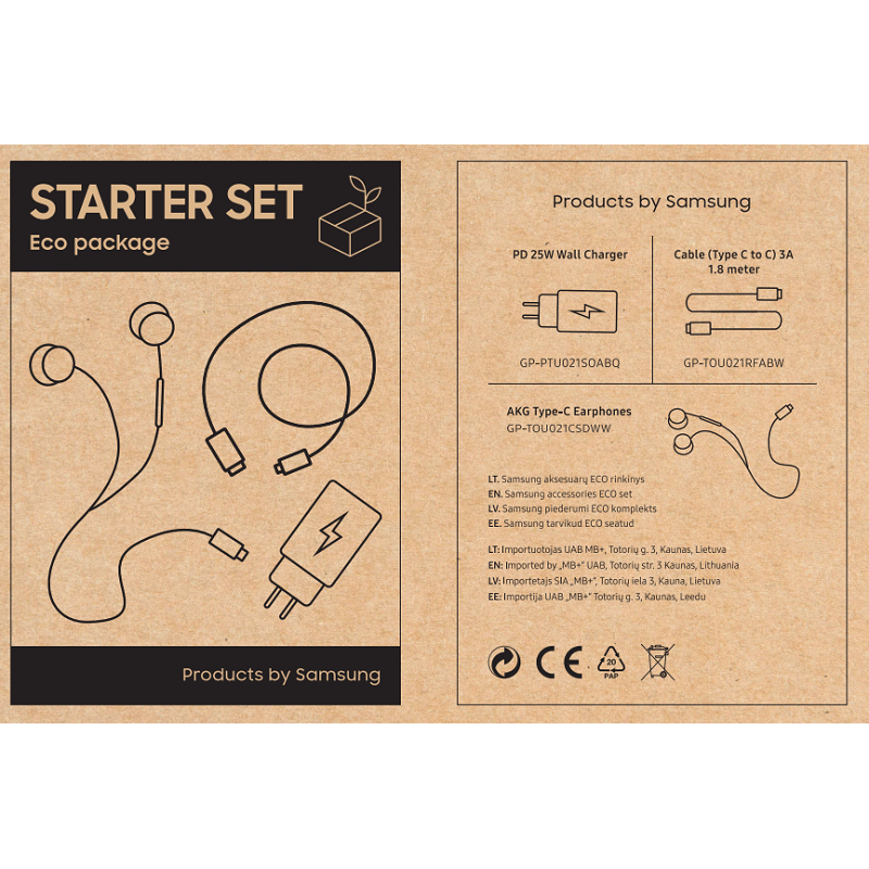 Starter Set - Samsung aksesuarų ECO rinkinys (buitinis įkroviklis, kabelis, ausinės) kaina