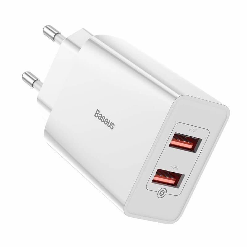 Baseus Mini Quick Charger Dual USB, QC 3.0, 18W, White - buitinis įkroviklis kaina